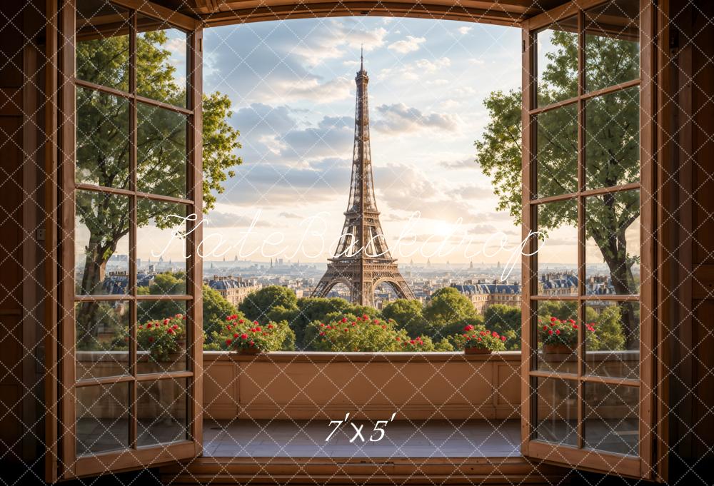 Kate Dark Brown Wooden Window Balcony Paris Tower Backdrop Designed by Emetselch -UK