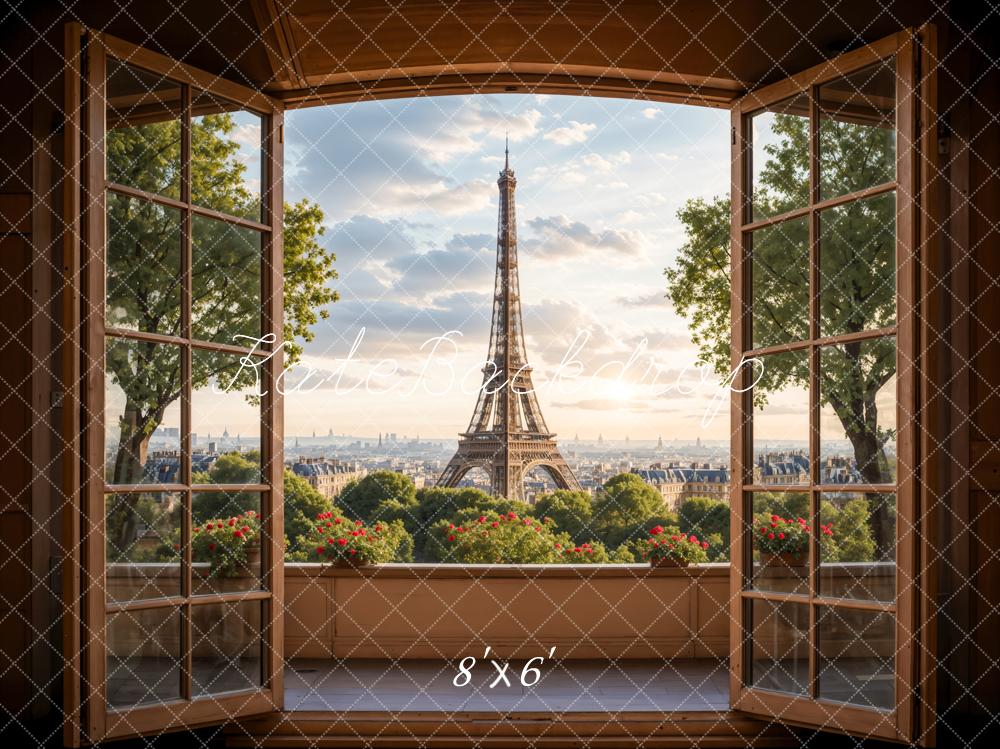 Kate Dark Brown Wooden Window Balcony Paris Tower Backdrop Designed by Emetselch -UK