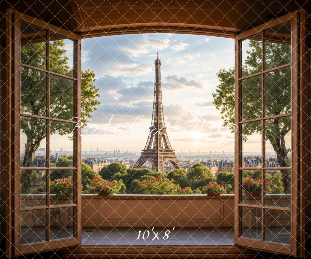 Kate Dark Brown Wooden Window Balcony Paris Tower Backdrop Designed by Emetselch -UK