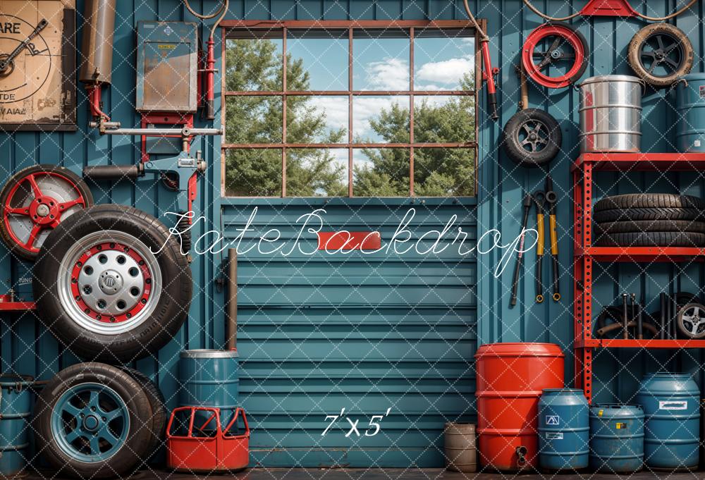 Kate Ink Blue Wall Tires Tools Garage Backdrop Designed by Emetselch -UK
