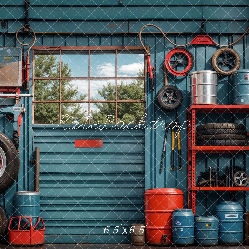 Kate Ink Blue Wall Tires Tools Garage Backdrop Designed by Emetselch -UK