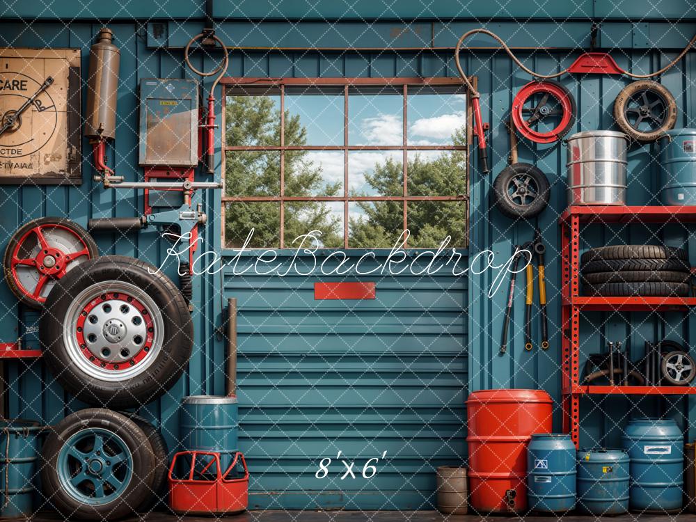 Kate Ink Blue Wall Tires Tools Garage Backdrop Designed by Emetselch -UK