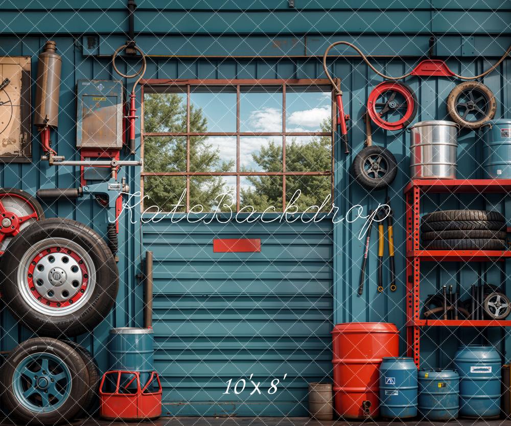 Kate Ink Blue Wall Tires Tools Garage Backdrop Designed by Emetselch -UK