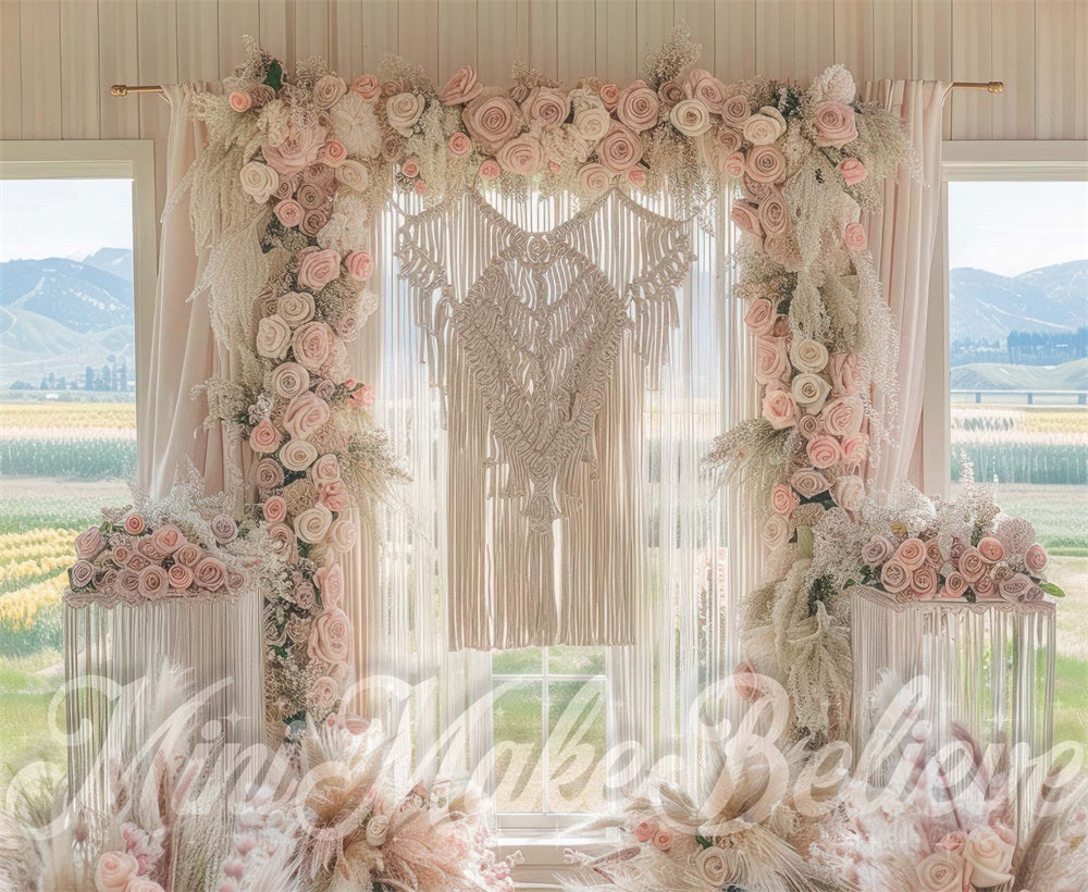 Kate Spring Boho Pink Flower Window Wedding Backdrop Designed by Mini MakeBelieve