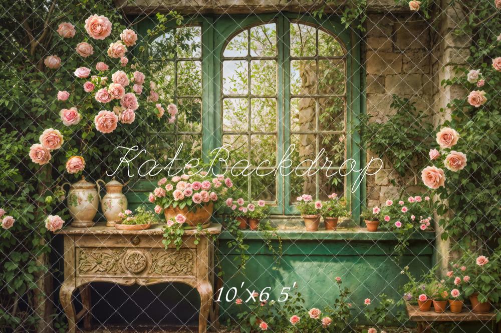 Kate Spring Retro Green Plant Window Backdrop Designed by Emetselch -UK