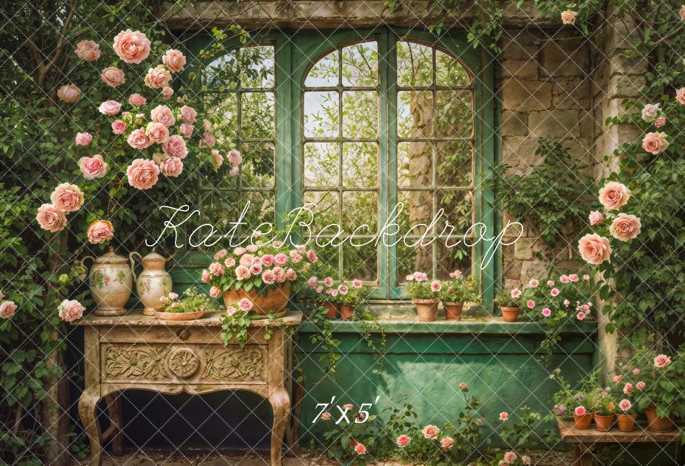 Kate Spring Retro Green Plant Window Backdrop Designed by Emetselch -UK