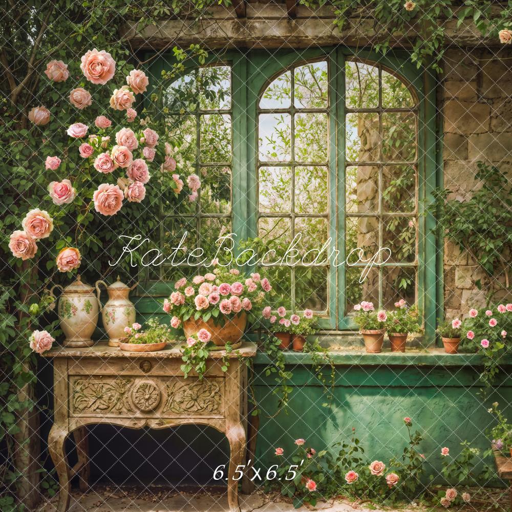 Kate Spring Retro Green Plant Window Backdrop Designed by Emetselch -UK