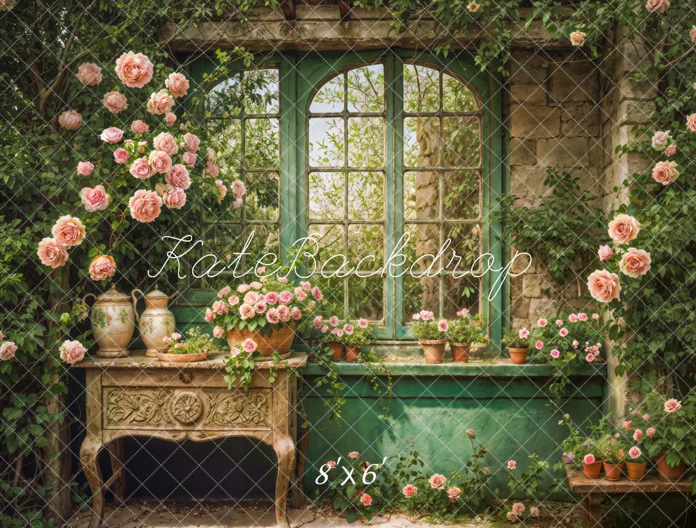 Kate Spring Retro Green Plant Window Backdrop Designed by Emetselch -UK