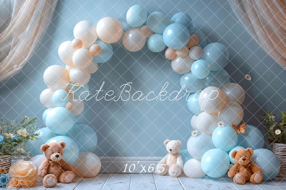 Kate Cake Smash Blue Balloon Arch Teddy Bear Backdrop Designed by Emetselch -UK