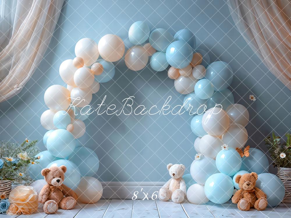 Kate Cake Smash Blue Balloon Arch Teddy Bear Backdrop Designed by Emetselch -UK
