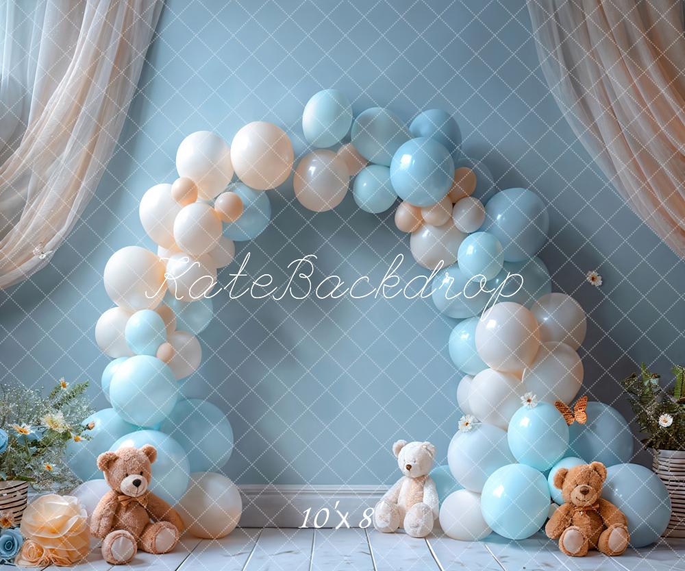 Kate Cake Smash Blue Balloon Arch Teddy Bear Backdrop Designed by Emetselch -UK