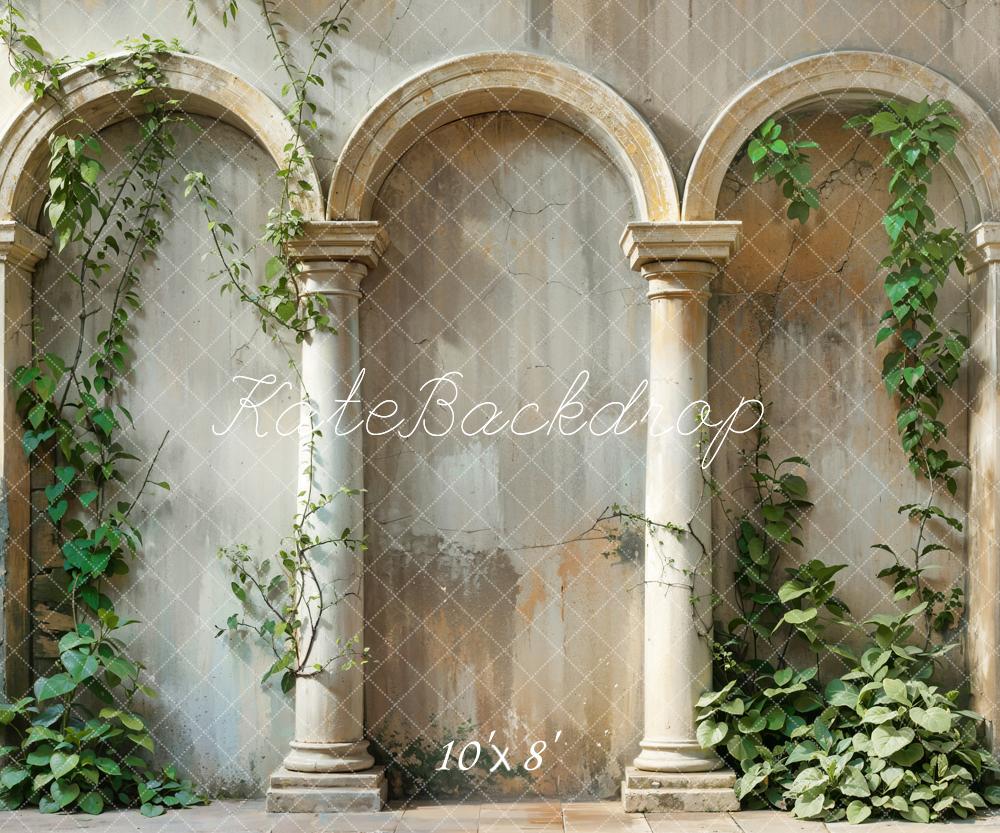 Kate Spring Green Plant Vintage Beige Arch Wall Backdrop Designed by Emetselch -UK