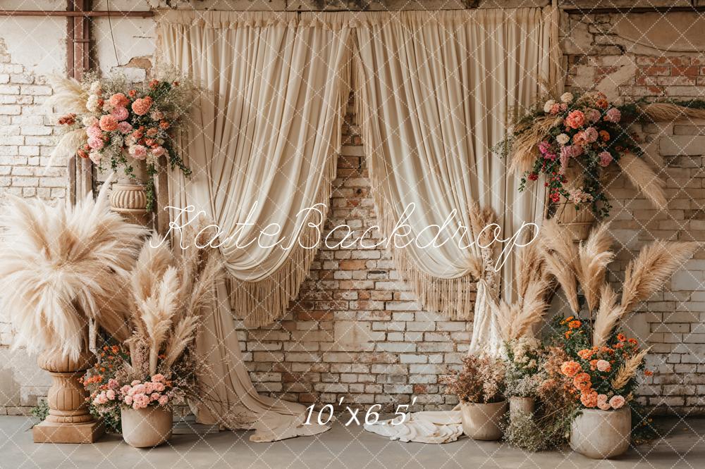 Kate Boho Reed Flower Beige Curtain Brick Wall Backdrop Designed by Emetselch -UK
