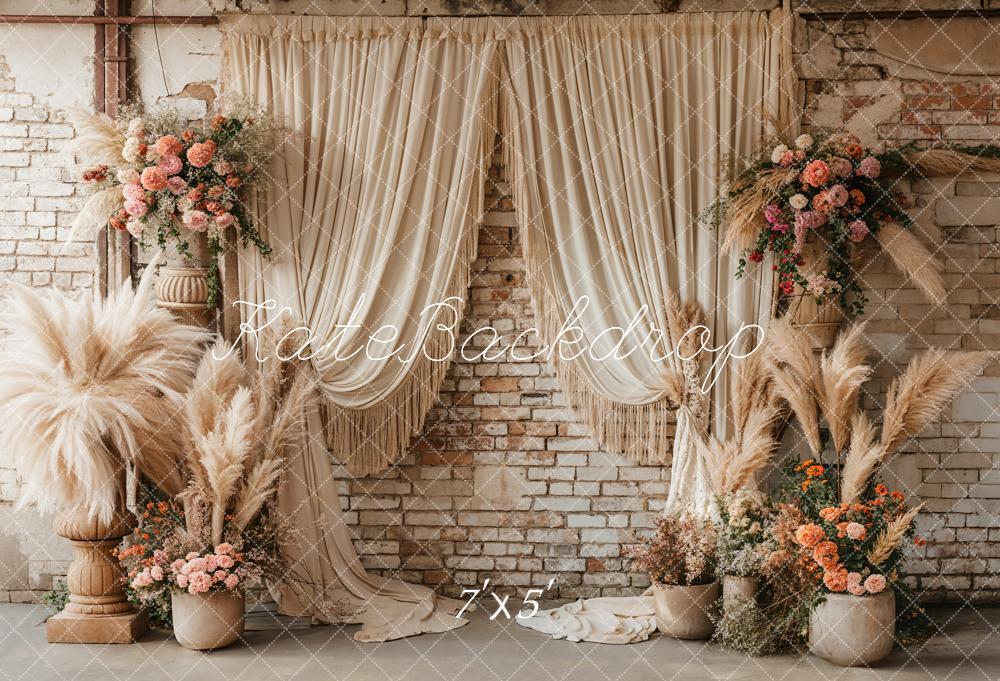 Kate Boho Reed Flower Beige Curtain Brick Wall Backdrop Designed by Emetselch