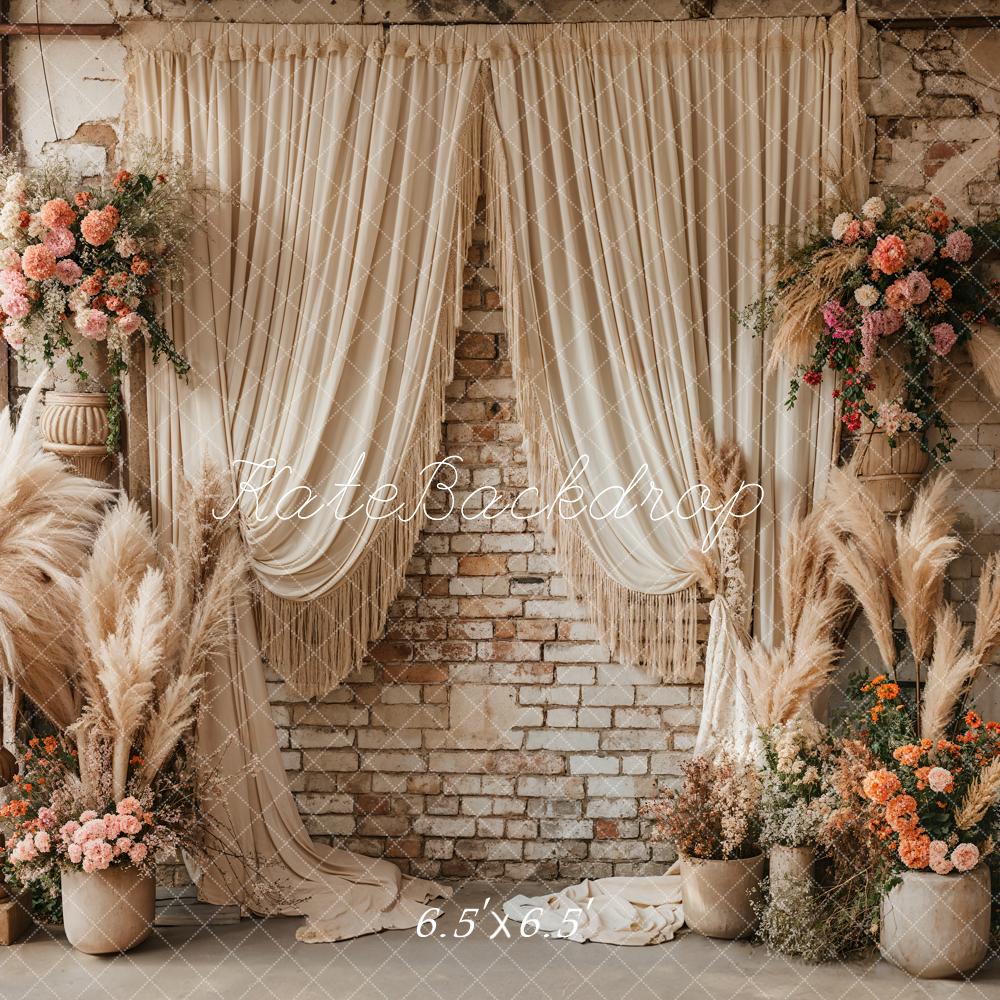 Kate Boho Reed Flower Beige Curtain Brick Wall Backdrop Designed by Emetselch -UK