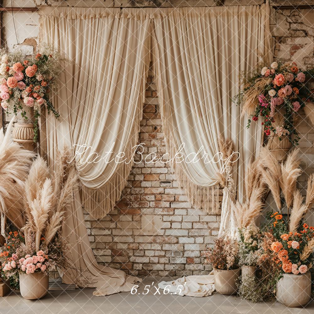 Kate Boho Reed Flower Beige Curtain Brick Wall Backdrop Designed by Emetselch