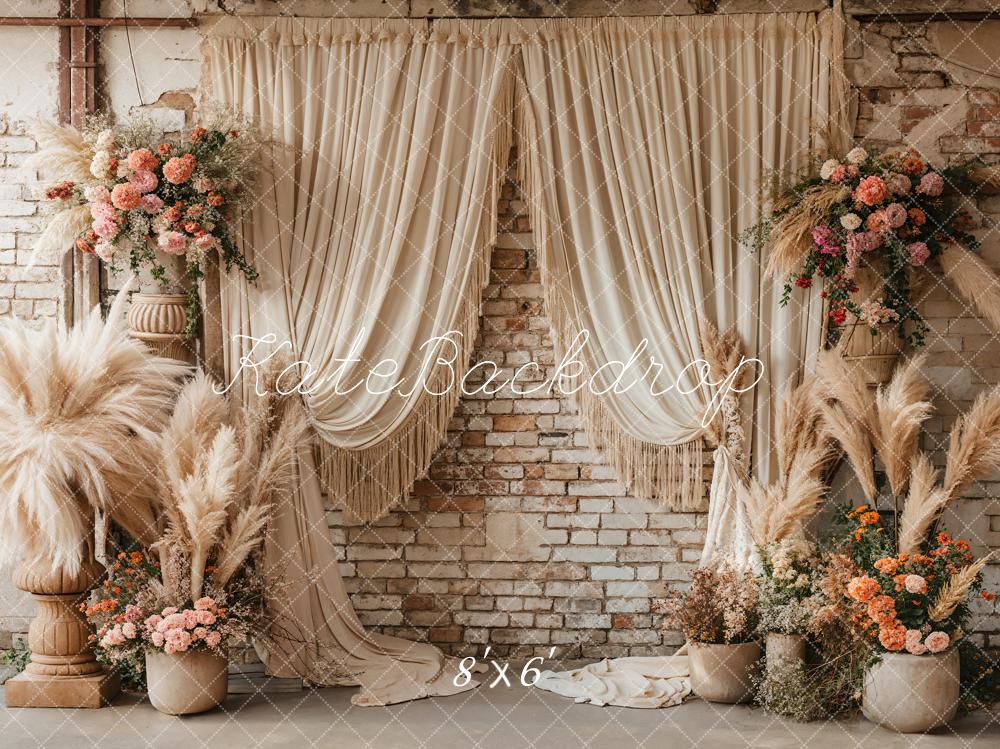 Kate Boho Reed Flower Beige Curtain Brick Wall Backdrop Designed by Emetselch -UK