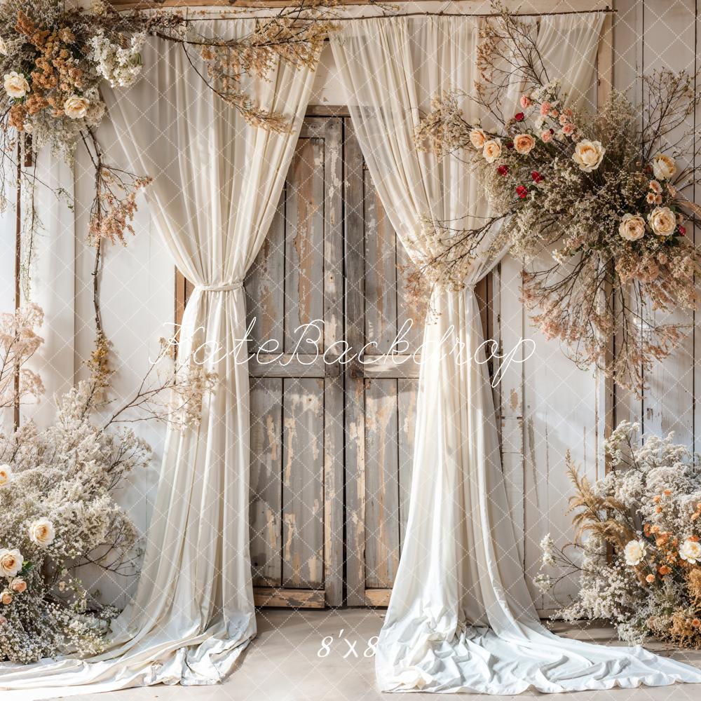 Kate Summer White Floral Curtain Brown Wooden Door Backdrop Designed by Emetselch -UK