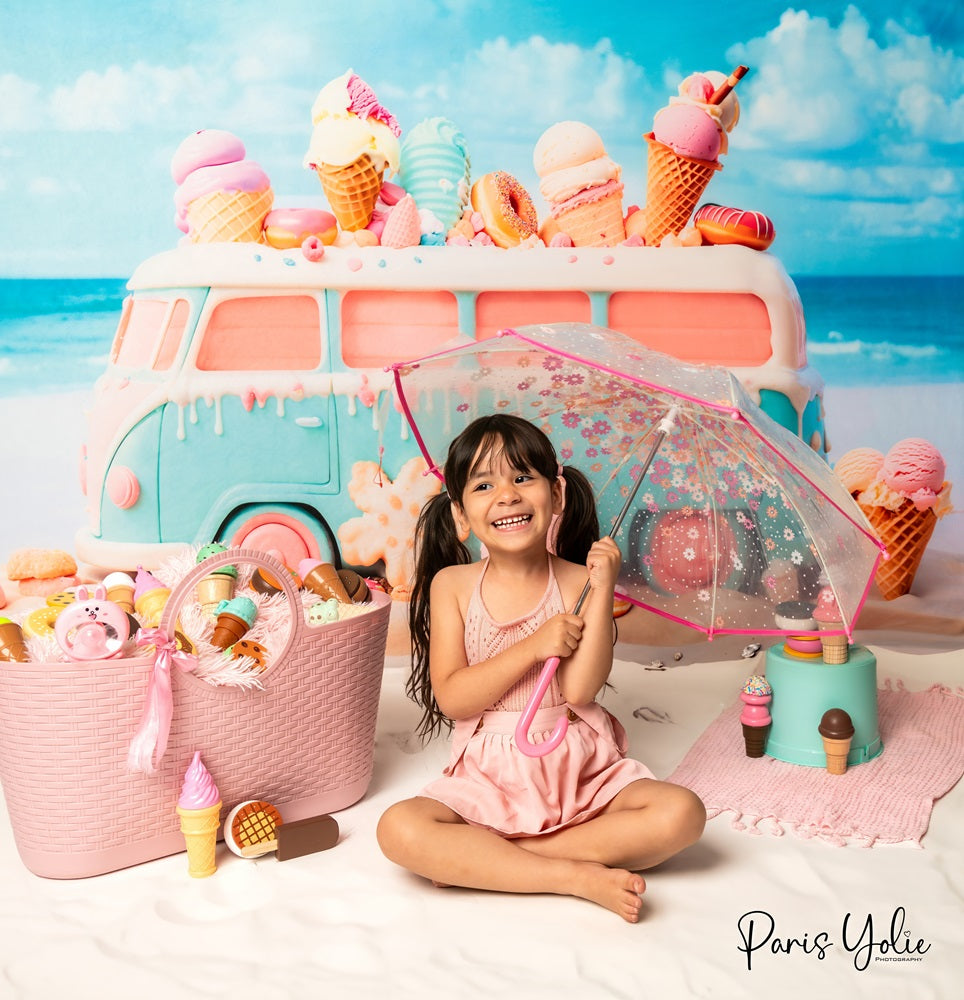 A girl taking a umbrella sitting in front of ice cream summer backdrop