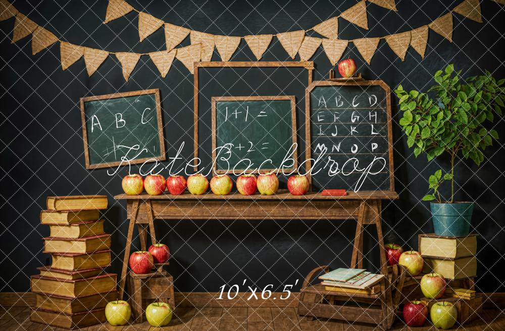 Kate Back to School Book Apple Chalkboard Black Wall Backdrop Designed by Emetselch