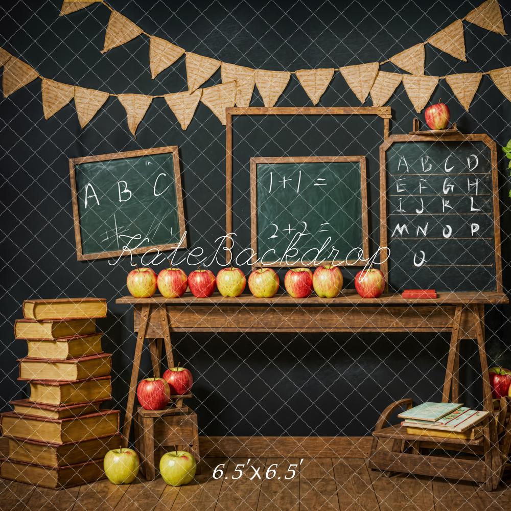 Kate Back to School Book Apple Chalkboard Black Wall Backdrop Designed by Emetselch