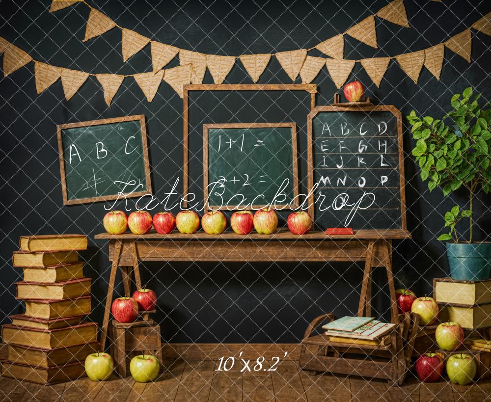 Kate Back to School Book Apple Chalkboard Black Wall Backdrop Designed by Emetselch