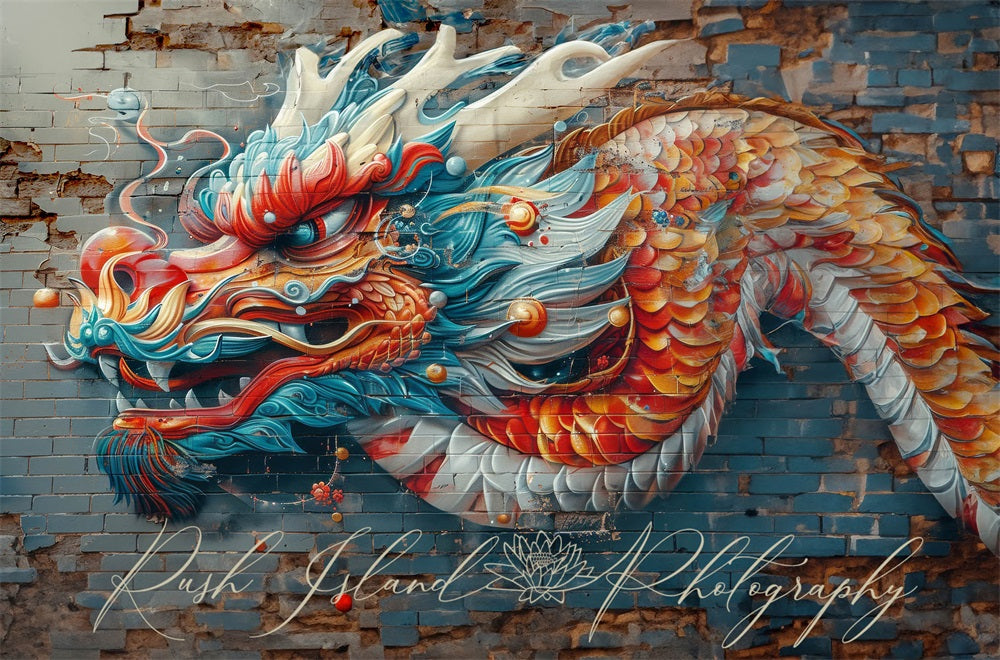 Kate Vivid Colorful Graffiti Dragon Brick Wall Backdrop Designed by Laura Bybee -UK