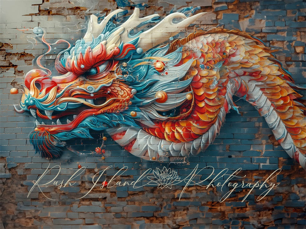 Kate Vivid Colorful Graffiti Dragon Brick Wall Backdrop Designed by Laura Bybee -UK