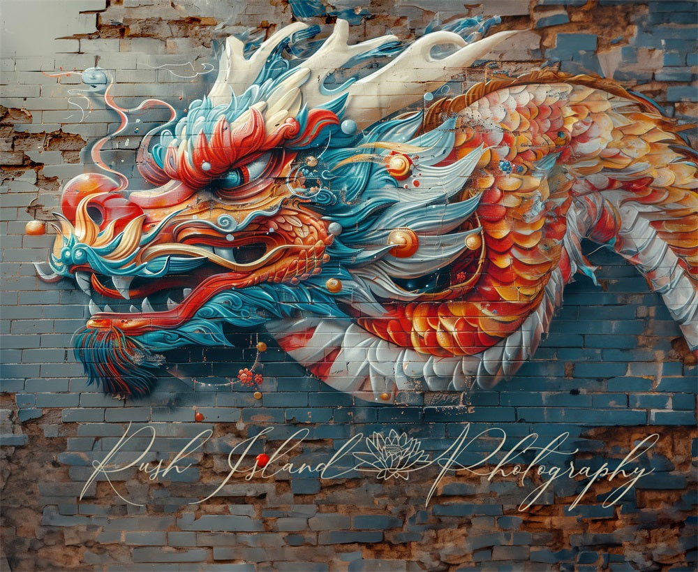 Kate Vivid Colorful Graffiti Dragon Brick Wall Backdrop Designed by Laura Bybee -UK