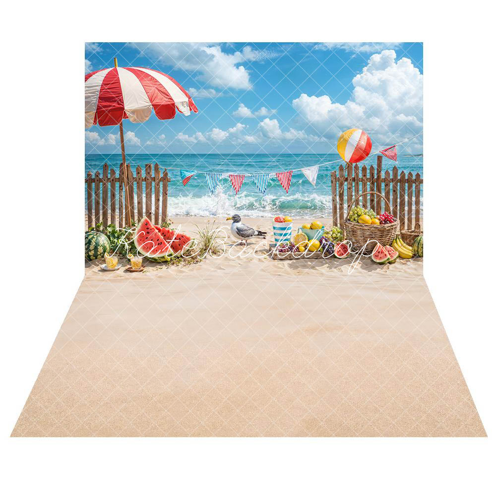 Kate Summer Sea Beach Parasol Fruit Seabird  Backdrop+Beige Beach Floor Backdrop