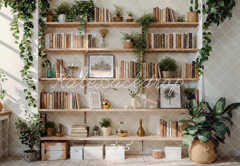 Kate Spring Green Plant Wooden Bookshelf Backdrop Designed by Emetselch