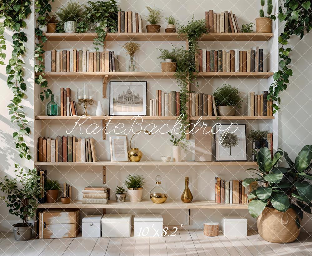 Kate Spring Green Plant Wooden Bookshelf Backdrop Designed by Emetselch -UK