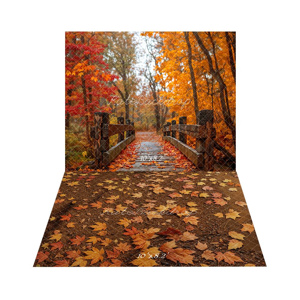 Kate Autumn Forest Wooden Bridge Backdrop+Maple Leaves Ground Floor Backdrop -UK