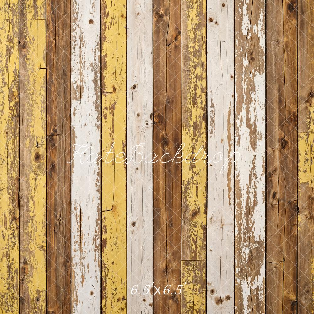 Kate Yellow Retro Shabby Striped Wood Floor Backdrop Designed by Kate Image