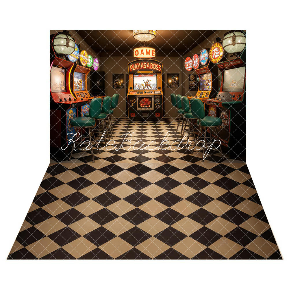 Kate Retro Game Lobby Backdrop+Black and Brown Plaid Floor Backdrop -UK