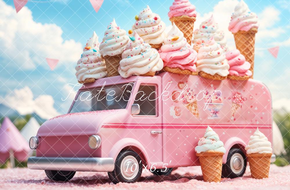Kate Summer Cartoon Pink Ice Cream Truck Backdrop Designed by Emetselch -UK