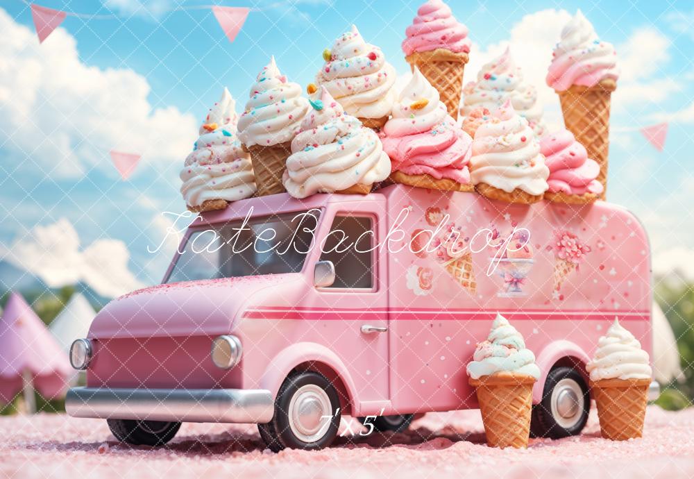 Kate Summer Cartoon Pink Ice Cream Truck Backdrop Designed by Emetselch -UK