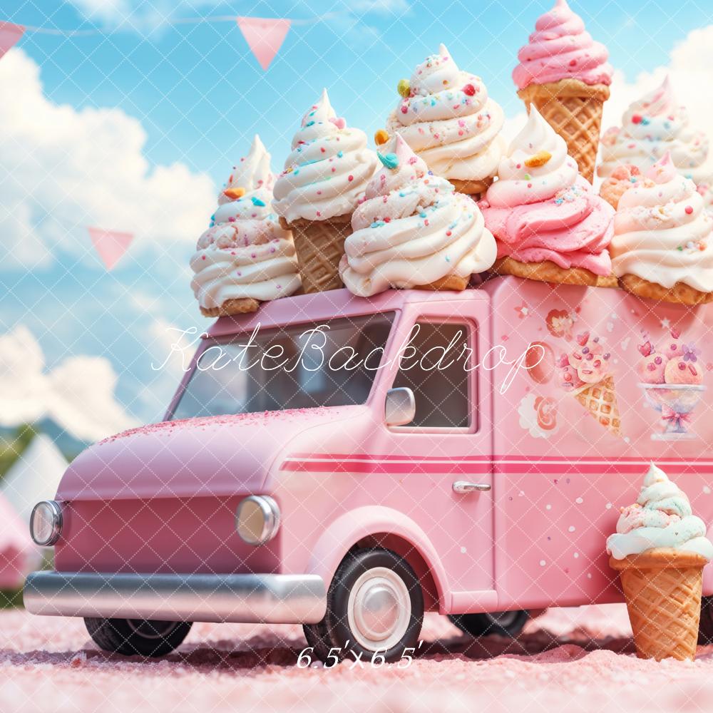 Kate Summer Cartoon Pink Ice Cream Truck Backdrop Designed by Emetselch -UK