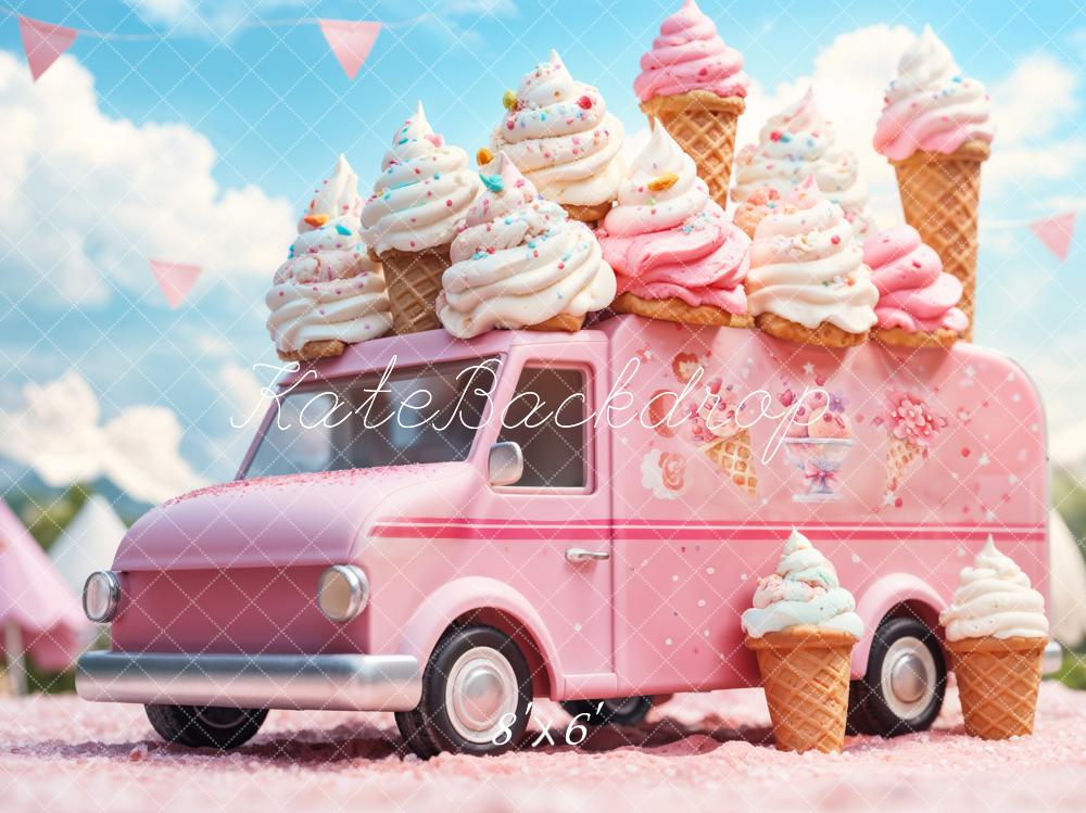 Kate Summer Cartoon Pink Ice Cream Truck Backdrop Designed by Emetselch -UK