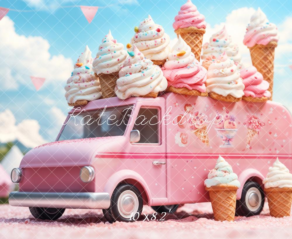 Kate Summer Cartoon Pink Ice Cream Truck Backdrop Designed by Emetselch -UK