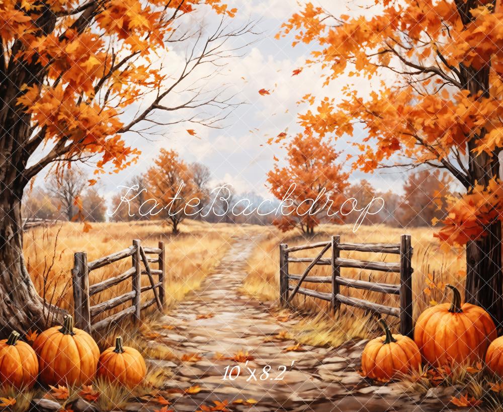Kate Autumn Maple Leaves Forest Field Pumpkin Path Backdrop Designed by GQ -UK