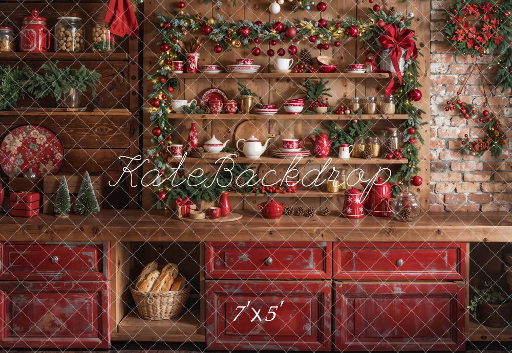 Kate Christmas Kitchen Red Cupboard Backdrop Designed by Emetselch