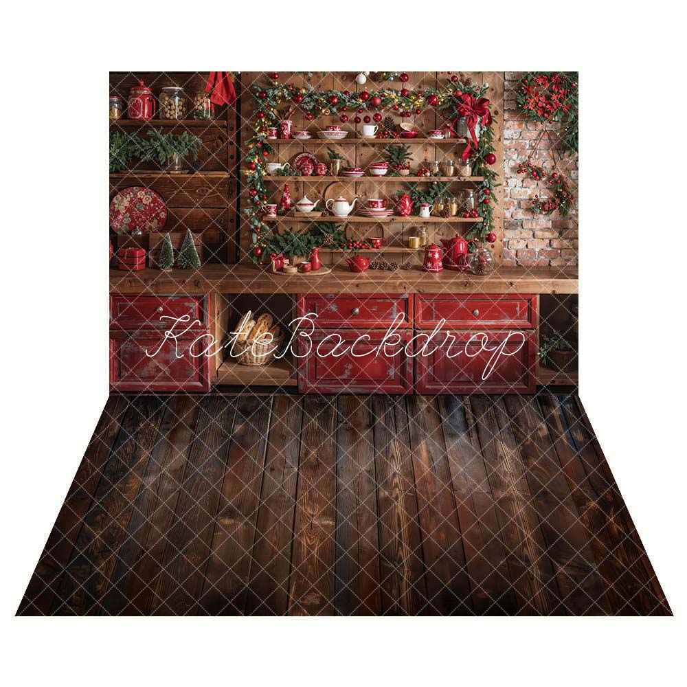 Kate Christmas Kitchen Backdrop +Brown Wood Floor Backdrop