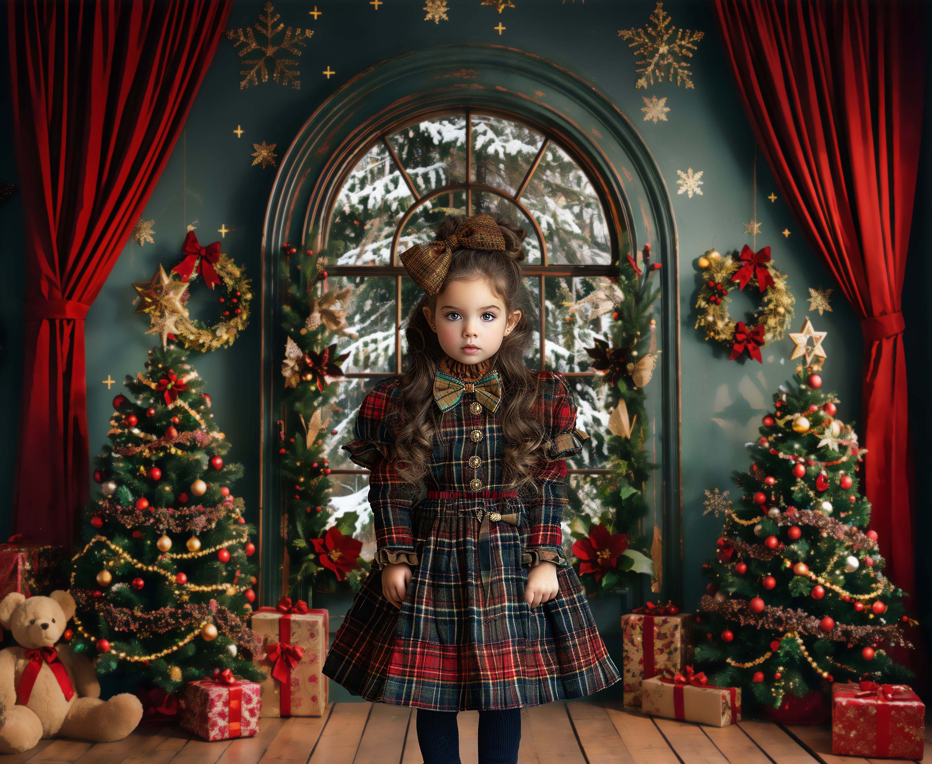 Kate Christmas Dark Green Arch Window Backdrop Designed by Emetselch -UK
