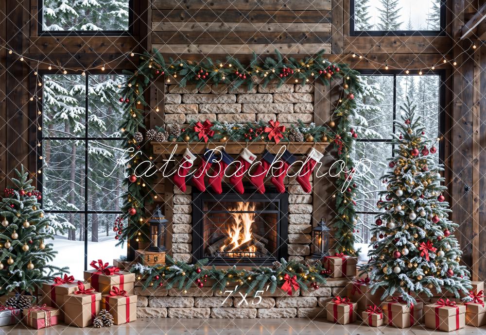 Kate Winter Christmas Brick Fireplace Brown Window Backdrop Designed by Emetselch -UK