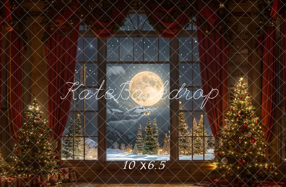 On Sale Kate Christmas Moon Night Red Curtain Window Backdrop Designed by Chain Photography -UK