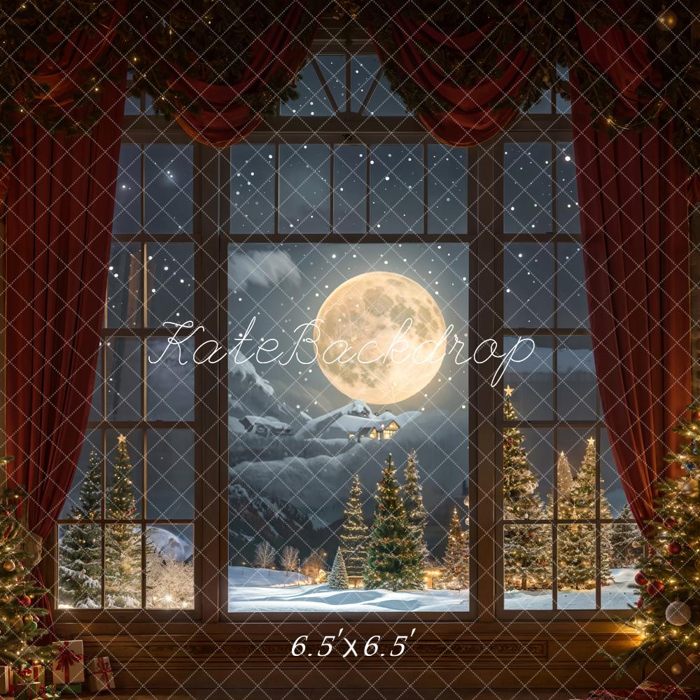 On Sale Kate Christmas Moon Night Red Curtain Window Backdrop Designed by Chain Photography -UK