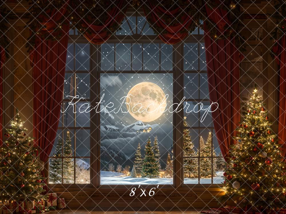On Sale Kate Christmas Moon Night Red Curtain Window Backdrop Designed by Chain Photography -UK