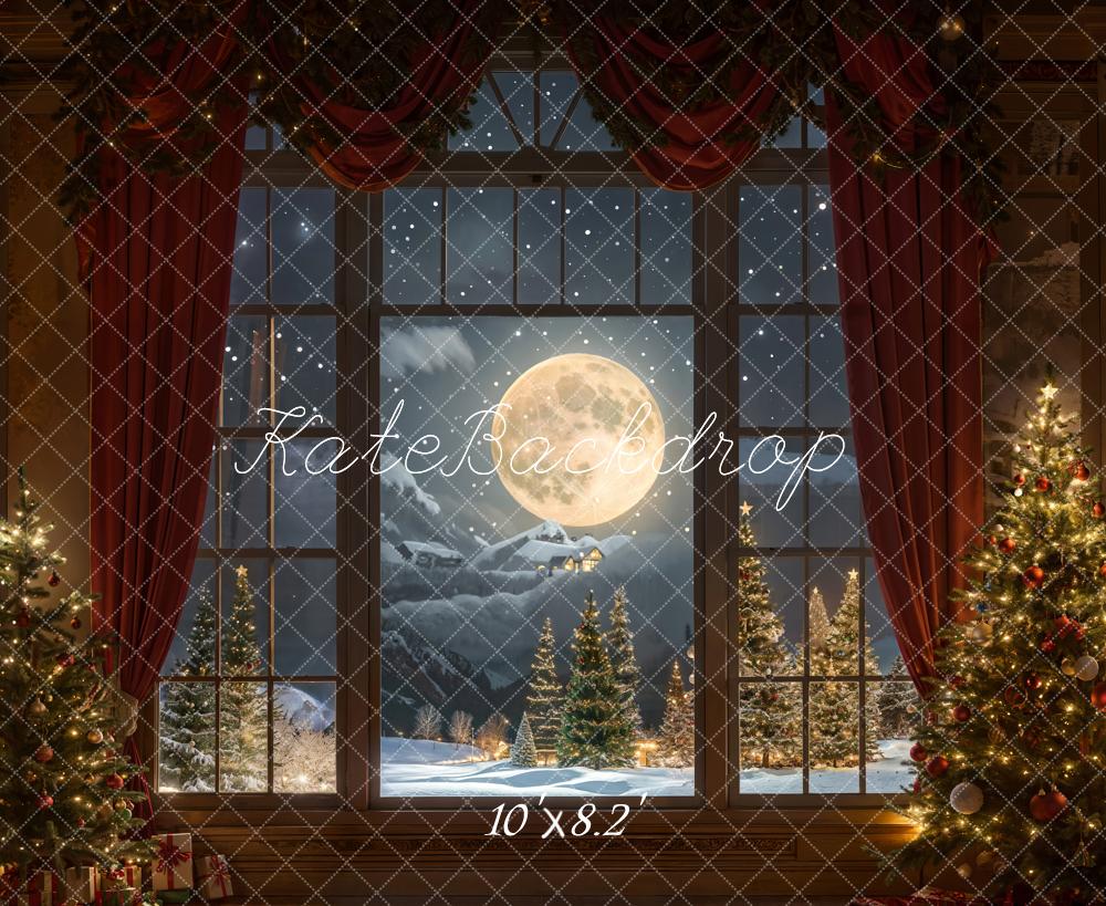 On Sale Kate Christmas Moon Night Red Curtain Window Backdrop Designed by Chain Photography -UK
