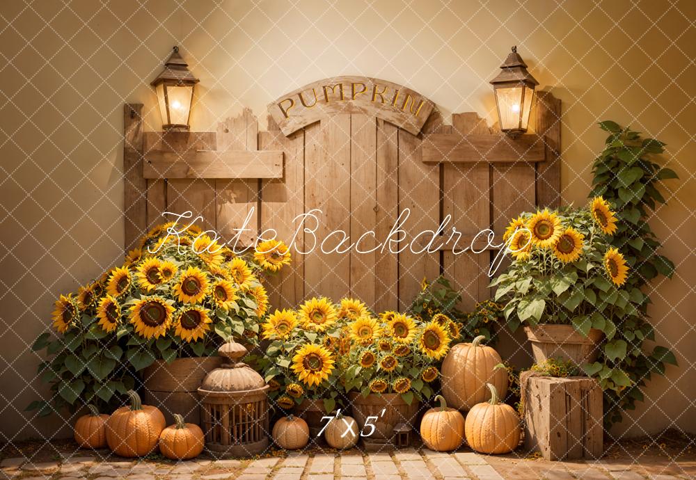 On Sale Kate Autumn Sunflower Pumpkin Barn Door Backdrop Designed by Emetselch -UK